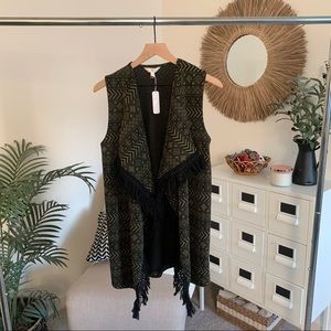 NWT Charming Charlie Green Black Southwest Print Long Fringed Vest Small